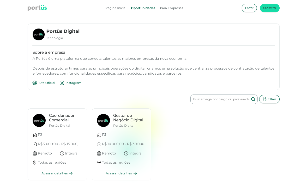 Página de vagas da empresa na Portüs